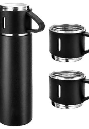 Waikbe Black Vacuum Flask Set | Bottle with 3 Cups 500 ml, Diwali Gifts for Employees, Corporate Gift Items