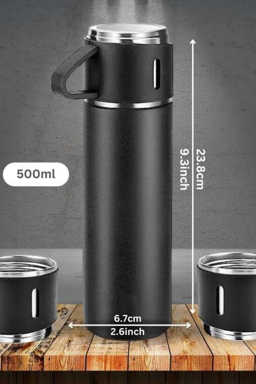 Waikbe Black Vacuum Flask Set | Bottle with 3 Cups 500 ml, Diwali Gifts for Employees, Corporate Gift Items - Image 5