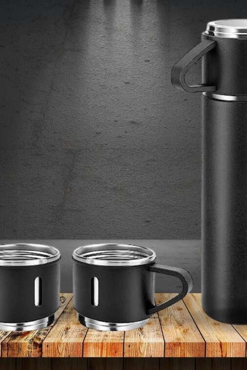 Waikbe Black Vacuum Flask Set | Bottle with 3 Cups 500 ml, Diwali Gifts for Employees, Corporate Gift Items - Image 4